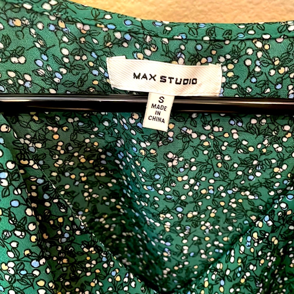 Max Studio dark green blouse. Roughed at waist. Pretty ruffle detail.